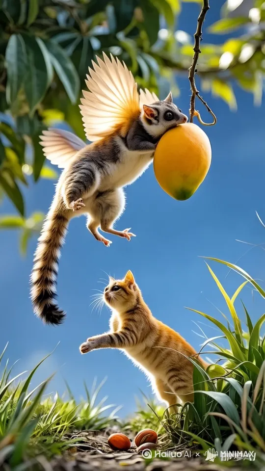 蜜袋鼯用芒果砸晕了橘猫，橘猫晕倒在地 by Hailuo AI Video Generator