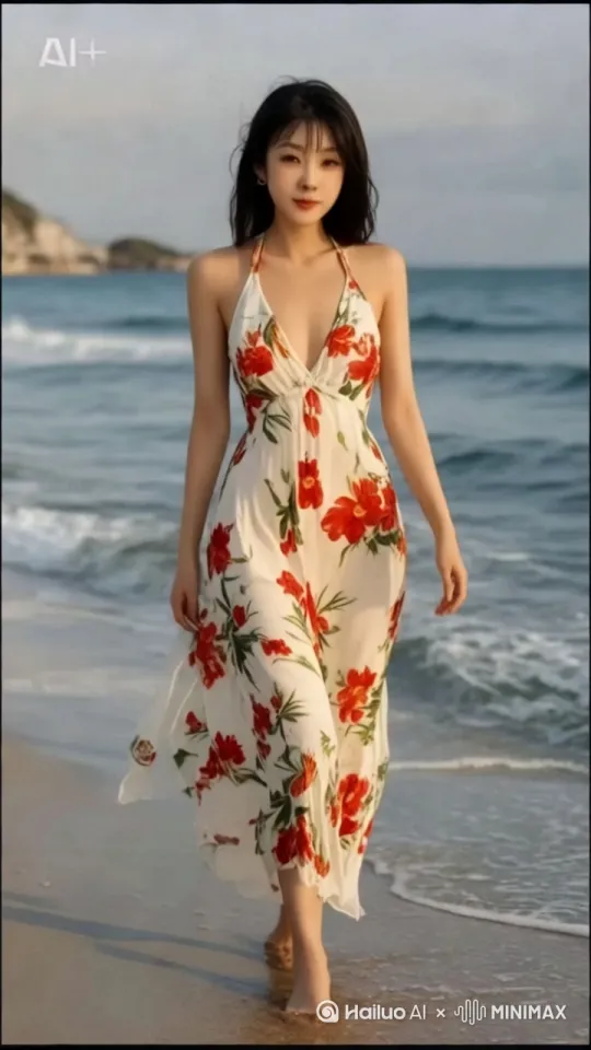 海浪拍打着沙滩，风吹起头发，脚步轻盈，美女走在沙滩上。 by Hailuo AI Video Generator