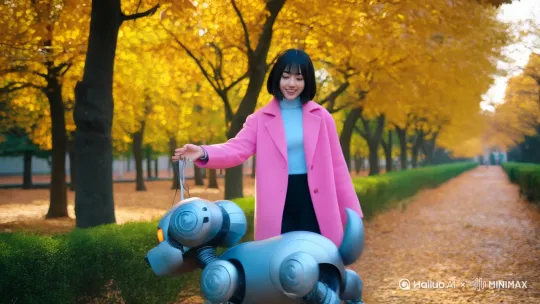 [左摇，右移，跟随]女人牵着机器狗漫步在深秋林荫道上。狗兴奋。 by Hailuo AI Video Generator