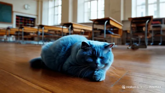 一只蓝色的胖猫在教室里睡觉 by Hailuo AI Video Generator