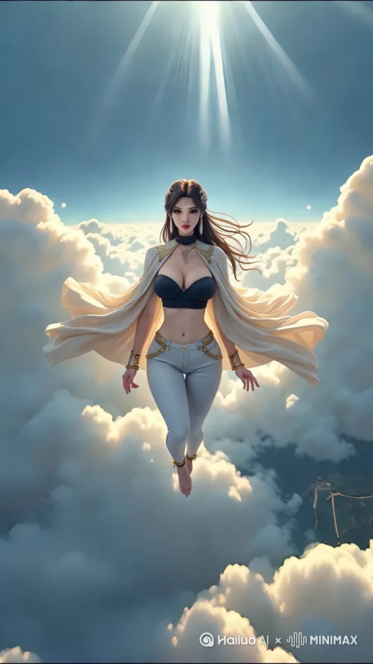 快速高空跟踪镜头移动，无人机视角，一个超现实的高速梦境序列，一个金发美女向前飞行，轻松地在云层之间滑行，双臂向两侧伸展，头部向前，捕捉平滑水平飞行的感觉。头发、衣服随风摇摆，相机紧密跟踪，保持对站立姿势的持续视角，随着角色迅速穿越场景。环境是动态的，快速变化，下面有云层和山脉，不断往后掠过的白云，运动模糊和光迹增强了速度感和流畅性。快速移动 by Hailuo AI Video Generator