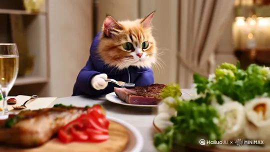 一个可爱猫咪穿棉衣，手拿玩具叉子去切牛排。[左移,推进,右摇] by Hailuo AI Video Generator