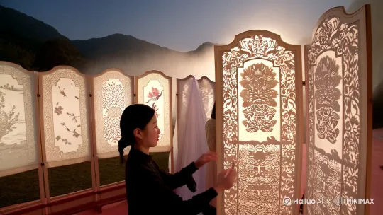 在一片云雾弥漫的晨曦中,古老的中国传统文化技艺开始悄然苏醒。剪纸作品在飘浮的纱幕上徐徐展开,每一笔勾勒都仿佛生出一片精灵之地。布针绣娘的手指轻点如云,柔软的绢带在月光下流淌,如同河流般延伸。舞龙舞狮的身影在远山脚下渐次浮现,一尊尊神秘又优雅的姿态,笼罩在一层轻纱之中,宛如仙境景致。
随着雾气逐渐消散,现代时尚的元素开始融入古老的符号。一位年轻设计师站在剪纸作品前,将抽象的花鸟图案转化为时装秀的精彩造型。另一个艺术家则用舞龙舞狮作为视觉切入点,赋予传统表演一种前卫的表现力。无数个镜头在空中交织,构建出一幅中华文明的超现实画卷。
从高处俯瞰,全景视角展现了一个充满诗意的世界:剪纸作品如同飘浮的蓬朵,在虚拟与现实之间游走;布针绣娘的手势在时间中被赋予永恒;舞龙舞狮的身影穿越千年,直抵当代观众的心灵深处。镜头缓慢推移,捕捉每一个细微的瞬间,将传统与现代完美地串联起来。
画面渐渐加速,全新的视觉语言开始生长:流动的纱帘中出现水墨画的韵致,一幅幅传统民俗图案在数字化时光中被重新诠释。最终,一个充满灵感的结尾镜头将所有元素汇聚:月光下,年轻人正在讲述一段关于文化传承的故事,他们的眼神闪烁,仿佛看到了千年前那些技艺创造者的智慧与热爱。
整个场景笼罩在一种超然、诗意的氛围之中,观众仿佛穿越了时空,既能感受到传统文化的古老魅力,又能体验到现代艺术的创新力量。 by Hailuo AI Video Generator