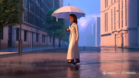 [左移,推进,右摇]在一个阴雨绵绵的下午，城市的街道上湿漉漉的，空气中弥漫着淡淡的泥土香气。路边，一位美女撑着雨伞走在回家的路上。她身穿一件浅色的长风衣[推出,上升,下摇]，雨水打在伞面上发出轻微的响声。她的步伐轻盈，眼神中却透出一丝孤独。突然[左移,上升]，一只小狗从街角跑了出来，浑身湿透，似乎迷失了方向。它那双大眼睛无助地望着她，仿佛在求助。3D风，治愈温馨 by Hailuo AI Video Generator