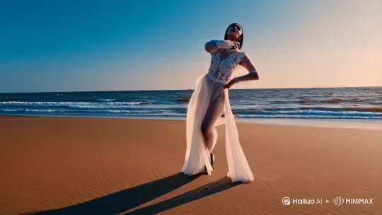 一位美女身材充满性感美学 ,胸非常大,大长腿,高跟鞋,衣服白色雪纺连体衣采用YSL 2024高定透视剪裁,胸部采用渐变蕾丝镂空工艺,在沙滩上跳着动态舞蹈 ,舞蹈为李羲承进行曲舞蹈,电影质感,真实皮肤渲染,写实画风。 by Hailuo AI Video Generator