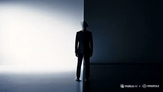 纯白色空间被锐利的光暗分割线剖开，左侧高光区呈现过曝的炽白，右侧阴影区沉淀为哑光石墨色。身着悖论色西装的男（光照侧衣物碳化般漆黑，背光侧织物褪为骨白）以坐姿位于临界点，发丝随不可见的气流扰动。 by Hailuo AI Video Generator