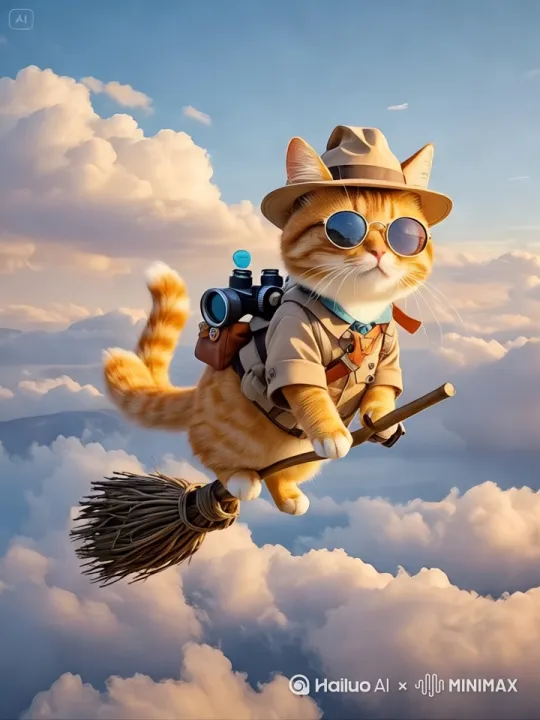 穿着探险家衣服的橘猫猫，带着墨镜，开心兴奋地在云层之间滑行，捕捉平滑水平飞行的感觉，橘猫随着扫把上下轻微起伏，橘猫左右观望，衣服随风摇摆，保持对俯卧姿势的持续视角，环境是动态的，快速变化，下面有云层，不断往后掠过的白云， by Hailuo AI Video Generator