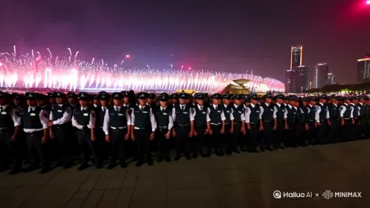 [左移,上升]国庆烟花晚会现场，特警队员组成“人墙”维持秩序，背景烟花绚烂 by Hailuo AI Video Generator