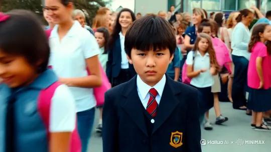 一个那小学男生，放学在人群中走到镜头前 by Hailuo AI Video Generator