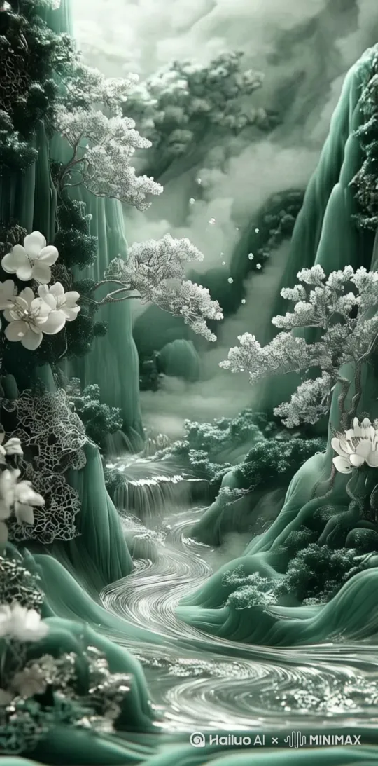 山间云雾缭绕，树和花随风轻摇，偶尔有花瓣飘落，山间河流流动，拍打石壁。好似人间仙镜 by Hailuo AI Video Generator