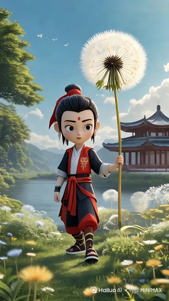 哪吒拿着手里的蒲公英往前走，手里的蒲公英在吹动，地面上的蒲公英也在吹动，花被风吹动，树枝也要动，水面荡起涟漪 by Hailuo AI Video Generator