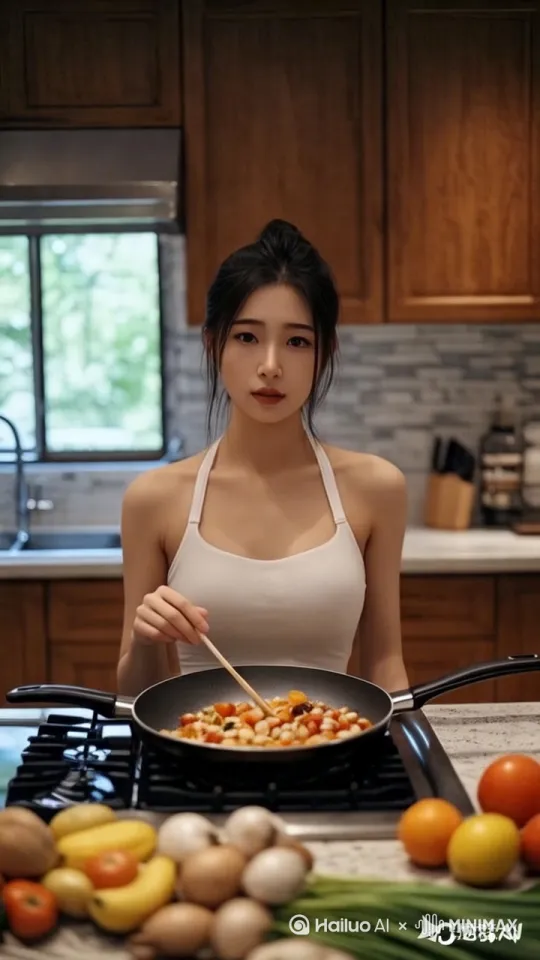 给美女下厨三个特写镜头、切菜、炒菜、尝试。动作流畅，时长15秒 by Hailuo AI Video Generator