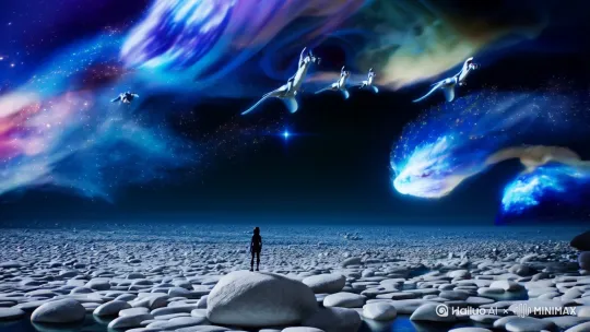 银白色的浮石悬浮在宇宙深海，周围环绕着浩瀚的星云。天空中，一群神秘的生物悬浮而行，它们散发着柔和的蓝色光芒，宛如夜空中的守望者。

空气中弥漫着某种难以名状的能量，暗淡的光辉为这片神秘的天地增添了几分神圣与忧伤。远处，一颗遥远的星体在黑暗中闪烁，仿佛在召唤着什么。

蓝色光芒闪烁，星云轻缓流动，宇宙的脉动穿梭在空气中，主角孤身伫立在浮石上，与浩瀚未知的星际走向更远的地方。 by Hailuo AI Video Generator