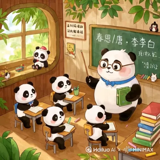 以下是《春思》动画分镜头设计（9:16竖屏/3D电影漫画风格）：

--- 
**分镜头1：教室全景（3秒）**
- **场景**：阳光透过竹窗的童话教室，黑板悬浮桃花枝装饰
- **焦点动画**：
  ▸ 黑板「春思」毛笔字逐笔浮现（金色墨迹+粒子消散）
  ▸ 「唐·李白」以卷轴展开形式出现（附带竹简展开音效）
  ▸ 熊猫老师教鞭在「春」字下方画圈（教鞭末端带星形拖尾）
- **背景层**：
  ▸ 前排熊猫耳朵随写字频率摆动（0.8秒/次）
  ▸ 中间熊猫举手幅度15度摆动（1.2秒/次）
  ▸ 后排竹叶袋周期性鼓动（配合偷吃节奏）

**分镜头2：老师特写（4秒）**
- **角色动画**：
  ▸ 教鞭划圆轨迹（附带花瓣飘落路径指引）
  ▸ 左手同步做张开-握拳节奏（每2秒循环）
  ▸ 胡须随头部转动轻微物理摆动
- **特效层**：
  ▸ 黑板文字触发涟漪扩散效果（当教鞭接触时）
  ▸ 领结飘带实现双曲线运动（相位差0.5秒）

**分镜头3：前排学生（3秒）**
- **主动作**：
  ▸ 毛笔在竹简上生成金色字迹（实时书写效果）
  ▸ 头部俯仰角度±7度（配合写字节奏）
- **细节动画**：
  ▸ 墨碟水墨实时减少（每3笔下降1mm）
  ▸ 熊猫尾巴无意识左右扫动（2.5秒/周期）

**分镜头4：中间学生（3秒）**
- **核心动作**：
  ▸ 举手幅度0-45度正弦曲线运动
  ▸ 瞳孔周期缩放（最大时触发星星高光）
- **辅助动态**：
  ▸ 课桌随动作轻微倾斜（最大2度）
  ▸ 熊猫背包带弹性拉伸（延迟0.2秒响应后排学生（4秒）**

 ▸ 竹叶咀嚼（叶片尺寸0.8-1.2倍缩放）
  ▸ 腮帮鼓动（每0.6秒起伏循环）
  ▸ 脚边碎屑堆叠生长（每片碎屑独立物理下落）

  ▸ 竹叶袋暗藏弹簧装置（偷拿时触发压缩动画）
  ▸ 头顶呆毛螺旋摆动（与咀嚼节奏反向运动） by Hailuo AI Video Generator