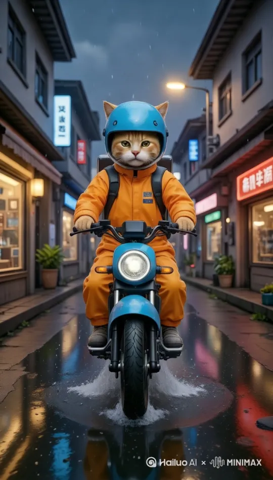 跟随镜头，橘猫骑着电动车向前行进，电动车轮胎溅起水花，环境是动态的，快速变化 by Hailuo AI Video Generator