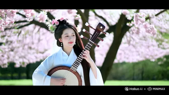 全景镜头，一个穿着仙气飘飘白色汉服的女人抱着琵琶，站在一棵开满桃花的树下认真的弹奏。周围是花丛，背景虚化。柔美的光线照在她身上，浪漫而唯美。镜头逐渐推进，聚焦于她的上半身。画面 9:16 。 by Hailuo AI Video Generator
