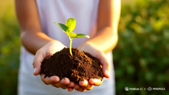 A young seedling, nestled in the hands of a person, rests in rich, dark brown soil.  Gentle, diffused sunlight illuminates the scene, casting soft shadows.  The hands, light-skinned and young, are gently holding the soil and plant.  The plant is small, with vibrant green leaves, and a young stem, suggesting vitality and new growth.  The surrounding environment is a soft-focus backdrop of out-of-focus green foliage, implying a natural, outdoor setting. The composition is centered, highlighting the connection between human hands and nature.  The overall color palette is warm and inviting, with shades of green, brown, and light yellow. The lighting is soft and natural, reminiscent of a tranquil morning.  The texture of the soil is depicted as rich and earthy.  The overall mood is serene, peaceful, and optimistic, promoting a connection with nature.  Natural light, soft focus, and simple colors contribute to a tranquil, serene atmosphere.  The image conveys a message of growth and nurturing, emphasizing the importance of nature and sustainability. by Hailuo AI Video Generator