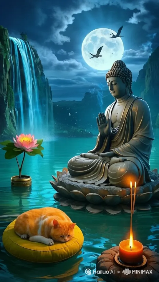 航拍全景镜头，模型超高清，真实，实摄影，8k画质，HDR效果，焦距拉宽。展示出一个宁静而富有生机的瀑布下，一个如来佛陀韩坐在一个莲花之上露出慈祥和蔼的笑容，双手抬起，慢慢合十，荷花被风吹动着，旁边有一个橘猫趴着身体来回动着。远处瀑布飞流直下，翻起浪花，河面微微波动，红色鲤鱼来回游动，天上鸟儿飞舞。远处云在飘动，月亮放耀眼的光茫，超细节，超高清，8k，超逼真，hdr。 by Hailuo AI Video Generator
