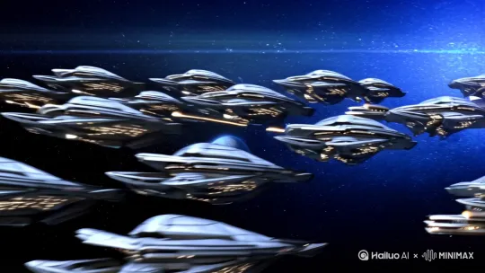 地球之外，无数搜宇宙飞船朝着地球飞来，他们摧毁雷卫星，并向地球发射雷激光导弹，造成雷不可估量的毁灭 by Hailuo AI Video Generator