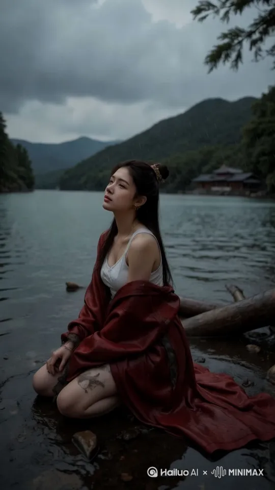 [右摇,上升,变焦推进]，最后聚焦到女孩的脸，流着眼泪，头发随风飘动，手部有小动作，下着大雨 by Hailuo AI Video Generator