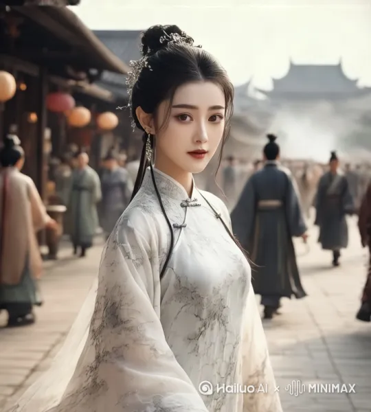 一个穿着旗袍的美女缓缓行走在周朝时代的繁华街道中，周边是商店；道路上行走着周朝老百姓、达官贵人，围观旗袍美女；穿越场景[跟随,下降,拉远] by Hailuo AI Video Generator
