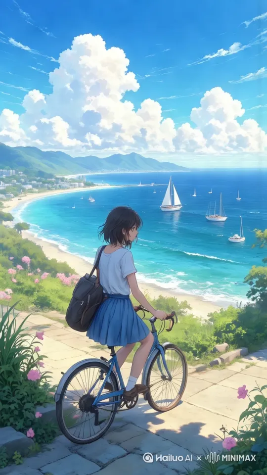 主体不变，女孩骑着自行车，远处海浪缓慢移动，周围花草随风飘动[右移,跟随] by Hailuo AI Video Generator
