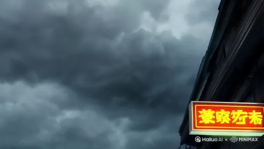 阴云密布的天空，雨帘笼罩着街道，便利店招牌在雨中闪烁，镜头从灰蒙蒙的天空下摇，雨点噼啪打在积水路面。小明湿透的鞋特写，湿透的帆布鞋踩在水洼里，鞋带散开沾满泥浆，小明抱着补丁书包蜷缩屋檐下，手指摩挲着存钱罐里的三枚硬币，镜头上移露出补丁书包。肚子"咕噜"声特效，小明数硬币的手微微发抖。 by Hailuo AI Video Generator