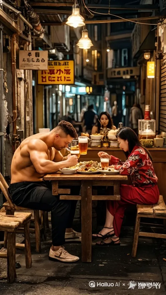 男人肌肉紧绷，率先发难，一记凌厉的直拳挥向对面的美女。美女灵活侧身躲过，顺势三个扫堂腿。桌子被打翻，食物掉了一地，男人被打哭了，旁观者拍手叫好。 by Hailuo AI Video Generator