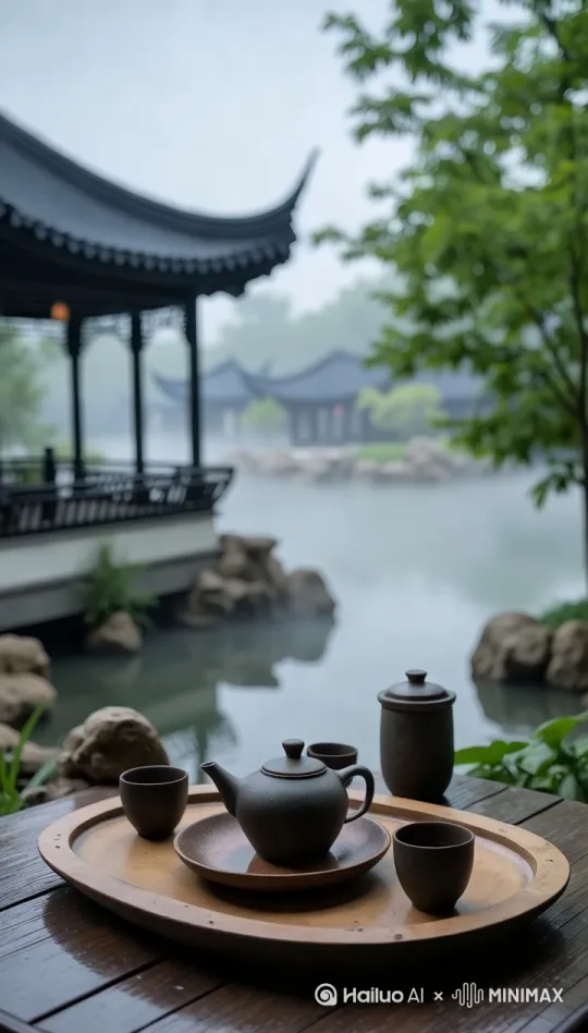一个穿旗袍的女人,从镜头外走到桌子旁,一手举着纸伞.一手拿起了桌子上的一只茶杯,然后走到池塘边,举伞背对着镜头.淅淅沥沥的小雨落在池塘里,激起片片涟漪. by Hailuo AI Video Generator