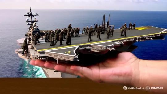 Ultra-realistic cinematic close-up of a highly detailed miniature U.S. aircraft carrier resting in the palm of a human hand. The camera slowly zooms in, revealing tiny but lifelike crew members working on the deck, servicing jets, signaling pilots, and preparing for takeoff. Fighter jets take off from the carrier’s runway, while others land smoothly with arresting hooks engaging. The aircraft move with precise and natural physics, leaving behind subtle motion blur and heat distortion. The camera shifts angles dynamically, capturing breathtaking perspectives of the carrier, crew, and jets in action. Hyper-detailed textures, accurate proportions, realistic lighting, and depth of field create a visually stunning effect. The ambient sound of jet engines, crew chatter, and ocean waves enhances immersion. Masterpiece, cinematic, National Geographic-style realism by Hailuo AI Video Generator