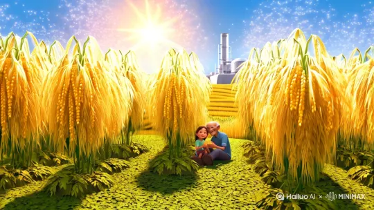 场景描述：
“超现实的巨型金色稻田，水稻高如高粱，穗子如扫帚般垂落，颗粒如花生米般饱满。阳光透过稻叶洒下斑驳光晕，一位老人与孩童坐在稻荫下乘凉，远处是连绵的稻浪与科技感实验室轮廓。画面色彩明亮，充满希望感，动态粒子光效环绕稻穗，柔风拂动稻叶。”
风格关键词：
超现实农业幻想、明亮油画质感、细腻光影、动态粒子特效、温暖叙事风。
技术参数（可选）：
分辨率：4K
帧率：60fps
镜头运动：缓慢推近+环绕视角
音效建议：轻柔风声+稻叶沙沙声
分镜头设计参考
远景（1秒）：
巨型水稻林覆盖田野，稻株高耸入云，穗子低垂如金色瀑布，背景融入现代科研基地轮廓。
中景（2秒）：
老人与孩童坐在稻荫下，手持稻穗微笑，阳光透过叶片形成光斑洒落。
特写（1秒）：
稻粒晶莹饱满如珍珠，粒子光效环绕，象征科技与自然的融合。
升华镜头（1秒）：
画面渐变为“禾下乘凉梦”文字，叠加：“我毕生追求就是让所有人远离饥饿”。 by Hailuo AI Video Generator