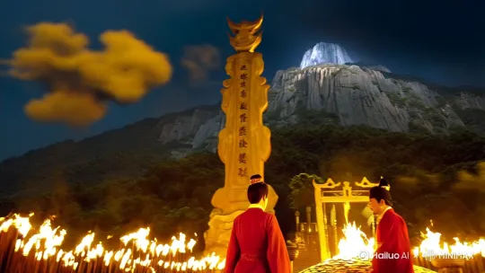 场景：泰山玉皇顶，武则天与高宗共执鎏金钱投入祭坛，背后“双束碑”矗立，空中祥云幻化钱纹  
- 细节：祭坛火焰中浮现“乾封泉宝”字样，官员手持钱范跪拜  
- 色调：金红主色，夜幕中火炬照亮仪式 by Hailuo AI Video Generator