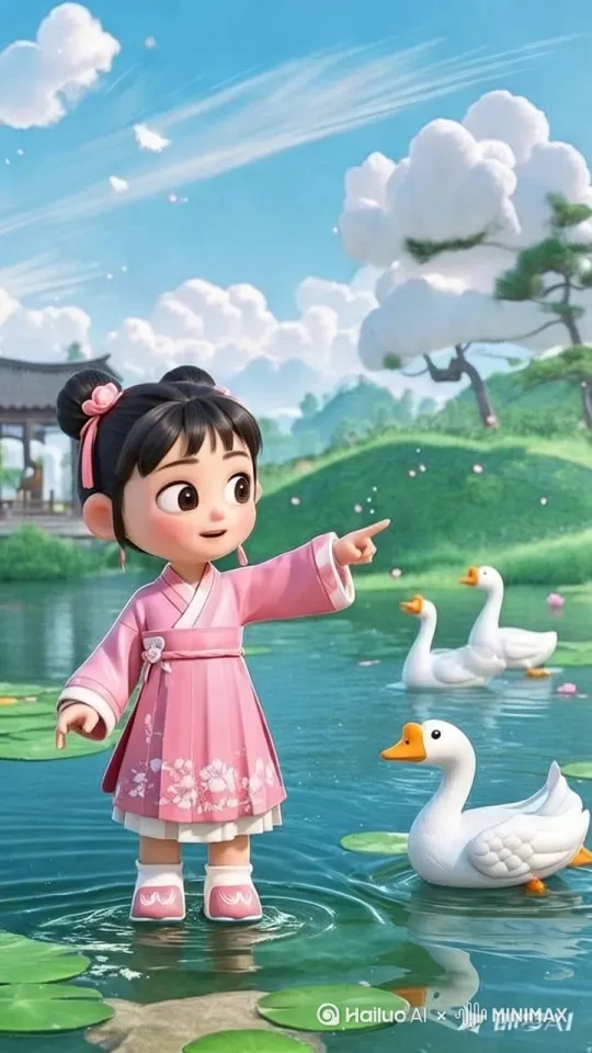 中国古代卡通，3D卡通风格，皮克斯风格。画面明亮柔和，角色表情生动，光影层次细腻。白鹅羽毛蓬松，动态自然。[变焦推进] by Hailuo AI Video Generator