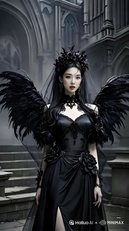 镜头后移，镜头拉远，显示出图片中的女人身后出现了一条巨大的黑龙，变焦特写黑龙的头和红色眼睛，跃跃欲试的要喷出烈火，[拉远,上升,变焦拉远] by Hailuo AI Video Generator