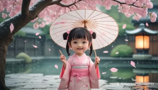 镜头从飘落的花瓣特写拉开，展现樱花树全景，小女孩缓步走入画面，纸伞随步伐轻旋；加入慢镜头花瓣飘落、池面涟漪扩散等动态细节，色调随时间从清晨淡蓝渐变至黄昏暖橙，结尾镜头聚焦伞柄悬挂的祈福签 by Hailuo AI Video Generator