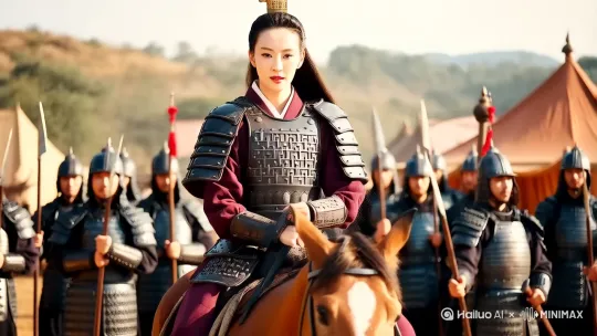 古代美女化身为花木兰的形象，一身戎装，骑着战马准备出征
场景为女将军跨上战马，身后是一群穿着凯甲，整装待发的士兵
背景是古代征战场面，画面要符合历史背景 by Hailuo AI Video Generator