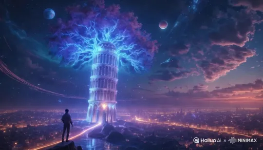On a futuristic night above the Leaning Tower of Pisa, a crystalline quantum willow pulses with blue-violet energy, its iridescent leaves flickering in neon hues of pink, blue, green, and gold, like fleeting moments of time. Its roots intertwine with a hidden reactor, releasing golden waves that ripple through space, stretching time and space in a deep connection between life and existence. The Tower flickers between Renaissance stone carvings and holographic neon, where metallic blue and white blend, evoking the collision of past and future.

Above, eight planets orbit, emitting aurora-like light that shines on a floating city, where streets ripple like waves of light in shifting colors from cool blue to warm orange and dazzling purple. A lone traveler gazes into a time mirror, its surface reflecting fleeting light, capturing possible futures. Quantum starships glide through the sky, leaving golden trails, reminding that despite loneliness, the future still holds light. Atop the tree, an ethereal lighthouse emits multidimensional light, guiding interstellar travelers across the infinite cosmos with a mix of yearning for the unknown and warm hope[左摇,变焦推进] by Hailuo AI Video Generator