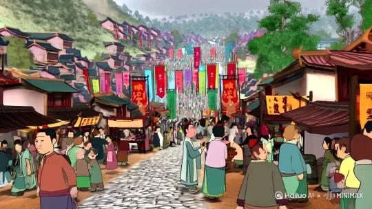 帮我生成一段清晰度为8k且人物景物细腻的视频的提示词示例，视频故事内容如下：
秋月坊坐落于大景南域，数十里间约莫有近三四百余户人家，虽说入户少了些，但却也尤为热闹。
坊市里人来人往，坐在街道旁的小贩喊着
吆喝，酒肆里的老头正在给人打酒，脸上笑出了褶子，肉铺的屠夫正炖着骨头，企图以此来吸引来往的客人，来往的行人走在街上，时而驻足，时而又交谈几句。
“打酒。”
一双黑白皂靴踏入酒肆之中。
来者双手负背，着一袭青衣长衫，面容俊朗，有两缕发丝顺着脸颊垂下，腰间挂着一个葫芦。
“来嘞….”
酒肆的张老头答应了一声，接着便急匆匆的跑了过去。
见了来者之后，张老头却是顿了一下。
陈长生微微一笑，接着将腰间系着的葫芦
递给了对方。
“你…”
张老头的话音戛然而止，他忽的僵住了，
顿在原地。
得我了？”
陈长生看着面前的张老头，说道：“认不得我了？” by Hailuo AI Video Generator