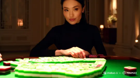 美女打麻将 镜头推进右手 左摇，美女翻出牌自摸
镜头测出右摇，必须是真实美女人物 by Hailuo AI Video Generator