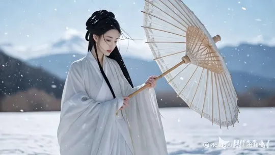 古风美女，仙气飘飘，像刘亦菲饰演的小龙女一样，穿着白色宋制汉服，在雪地里，打着一把白色带有印花的伞跳舞，天空中飘着雪花， by Hailuo AI Video Generator