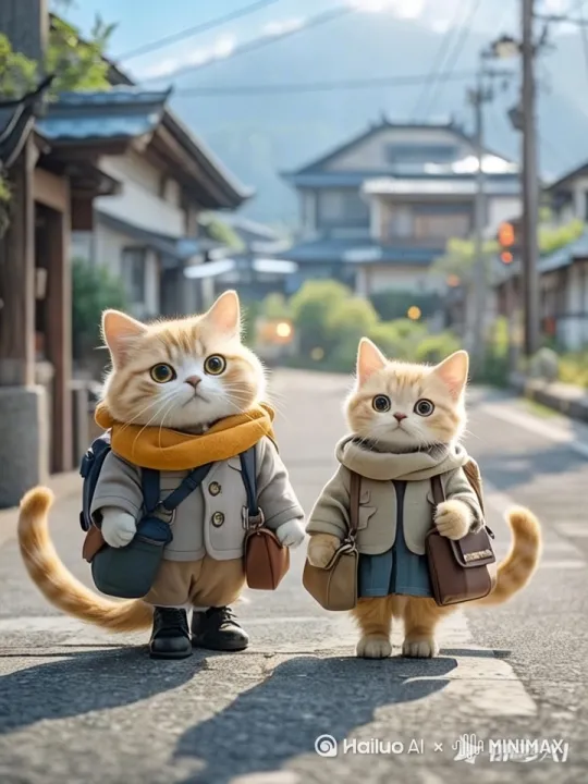 让两只小猫骑车在路上行走 by Hailuo AI Video Generator