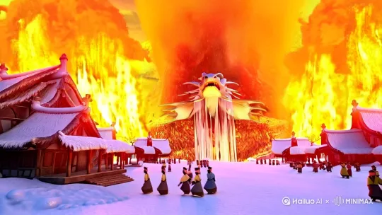 《雪山龙魂》
（开篇镜头：雪山脚下火光冲天，村民四散奔逃）

上古时西域有雪龙村，村中供奉雪山龙神。某日赤红火妖自地脉涌出，烈焰焚毁村落。危急时刻，山巅传来震天龙吟，银鳞巨龙破云而下，龙爪冻结岩浆，龙须扫灭火雨。

（中段高潮：巨龙与火妖缠斗，龙鳞剥落化为冰晶）

鏖战三日，龙尾缠住火妖咽喉，却被熔岩灼穿逆鳞。巨龙悲鸣坠地，身躯渐次石化，最后喷出本命龙珠冻结妖物。村民含泪将龙尸雕成石像，发现龙目始终凝望村庄。

（结尾反转：百年后石像苏醒）

今岁山火再临，滚石崩落击碎龙像。漫天烟尘中忽现金雷劈开火海，云间隐现龙影盘旋，残留石像眼角淌下冰泪。从此每遇灾劫，雪山深处便传来清越龙吟。[左移,上升] by Hailuo AI Video Generator