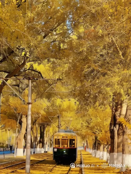 [推出,上升,下摇] 开往秋天的列车快速前进，卷起落叶纷飞 by Hailuo AI Video Generator