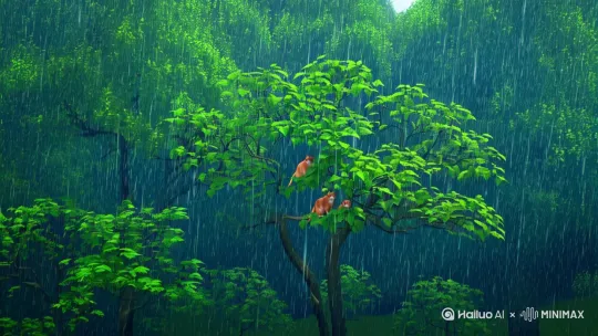 下雨，[慢慢推进]俯视树林，[慢慢推进]林中树枝上两只猫咪，在浓密的树叶底下躲雨，特写，慢镜头，猫咪淋雨，雨水嘀嗒留下，［慢慢推进］放大，特写，猫咪淋雨，身上滴水，［慢慢拉远，上升，俯视全景，慢慢推进］远处一片高楼林立的城市，[慢慢下摇,缓慢推进]，无人机视角，整座城市，慢慢聚焦一座高楼，［缓慢推进，慢慢拉近，特写，定格2秒］一个窗口，一只波斯猫咪站在窗台上往外眺望，［叠加镜头］雨中猫咪和窗台猫咪身影叠加，特写，定格3秒，猫的眼睛，虚化的树叶树枝摇晃不停，雨下个不停，高清摄影效果，C4D，大景深 by Hailuo AI Video Generator