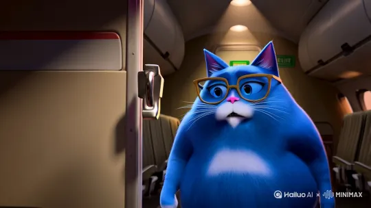 生成一个蓝色戴眼镜的胖猫拉飞机应急舱门的视频 by Hailuo AI Video Generator