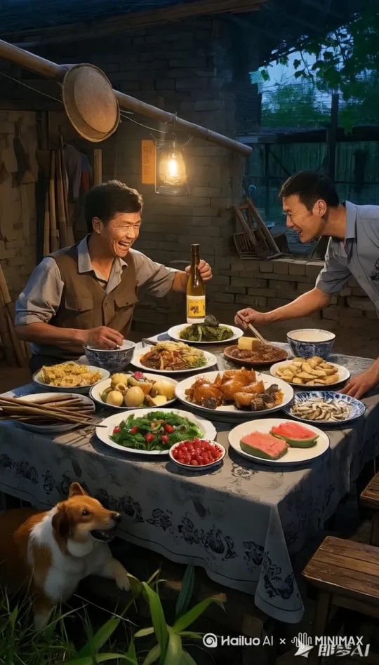 左下角的大黄狗跳上桌子，将满座的酒菜打饭，狗在饭桌上疯狂的转圈圈，人吓得惊慌失措 by Hailuo AI Video Generator