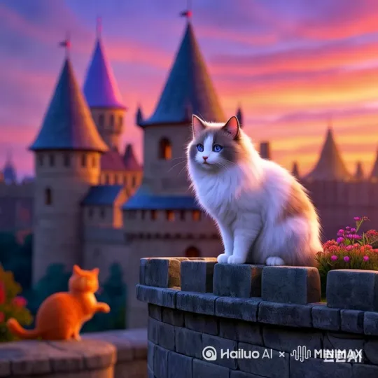 微风轻轻拂过，布偶猫身上的绒毛微微飘动，晚霞如同被吹动的轻纱，缓缓变换着形状。城堡尖顶的旗帜随风猎猎作响，发出轻柔的“呼呼”声。阳光透过晚霞的缝隙洒下，在城垛和布偶猫身上形成一道道金色的光线，光影随着云朵的移动而慢慢变化，如梦如幻。远处，几只小鸟从城堡上空飞过，留下清脆的啼叫声 by Hailuo AI Video Generator