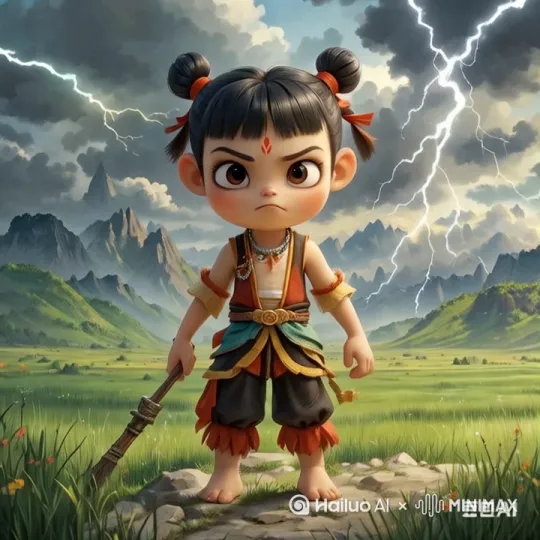 让哪吒飞起来。被闪电击中。然后他在挣扎。 by Hailuo AI Video Generator