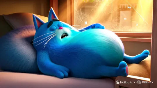 "Plump blue anthropomorphic cat-man yawning on bunk bed, fluffy cyan fur matted from sleep, round belly rising with stretch, paw pads rubbing sleepy eyes with cartoonish motion blur, morning sunlight streaming through dusty dorm window, close-up of cracked phone screen lighting up face, drooping ears and downturned whiskers forming exasperated expression, floating Zzz symbols fading above head, hyper-detailed 8K HDR rendering with Cinema4D, individual fur strands catching golden hour light, subtle dust particles floating in sunbeams, dynamic camera move from pillow-level macro to mid-shot --ar 1:1 --time 6 --v 6.0"
(+ "--style expressive" 强化面部表情幅度
+ "--stylize 750" 平衡卡通与现实比例
+ "--chaos 25" 使阳光灰尘更自然
+ "Studio Ghibli wake-up animation reference") by Hailuo AI Video Generator
