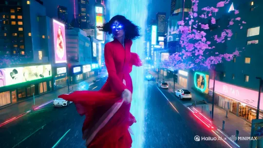 赛博都市之夜:一位身着流光红裙的东方美人(长发微卷,眼含星辰特效)立于未来感摩天楼顶,背景是霓虹闪烁的全息广告与悬浮飞车,空中飘落数据流樱花,地面倒影折射出她的双重数字分身。"
【镜头语言指令】
开场:镜头从空中俯冲而下,穿越霓虹雨幕,聚焦于她回眸的瞬间(慢镜头,发丝随风扬起,瞳孔浮现蓝紫色粒子光效)。
动态转场:她指尖轻触虚拟光屏,触发爆炸式色彩波纹(参考《银翼杀手》视觉风格),画面裂变为三屏分镜:
左侧:她漫步于水墨竹林(传统服饰与赛博机械臂反差融合)
中部:数字代码构成她的轮廓在暗黑空间中舞动(红裙化为火焰粒子特效)
右侧:AI生成抽象油画版面容,笔触随音乐节奏流动
高潮:镜头环绕360度,她跃入空中化为千万只发光蝴蝶,重组为全息机甲形态(保留面部特征),背后展开光翼横扫天际。
【特效关键词】
超现实光影:镭射虹膜/流体金属材质/动态光晕
氛围强化:烟雾粒子/慢动作雨滴悬浮/背景建筑扭曲变形
情绪传递:眼神AI增强(增加微表情颤动与泪光闪烁细节)
【补充指令】
音乐建议:添加电子国风混合BGM(古筝+合成器音效) by Hailuo AI Video Generator